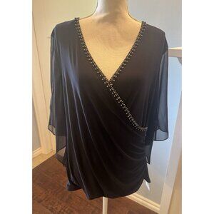 NWT MSK Womens Draped Faux Wrap Blouse 3/4 Split Sleeve Embellished Neck Size XL